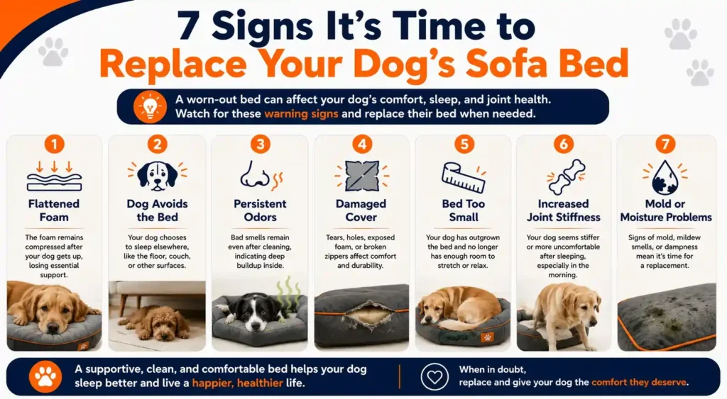 7 signs it's time to replace your dog's sofa bed infographic showing flattened foam, odors, damaged covers, and other warning signs