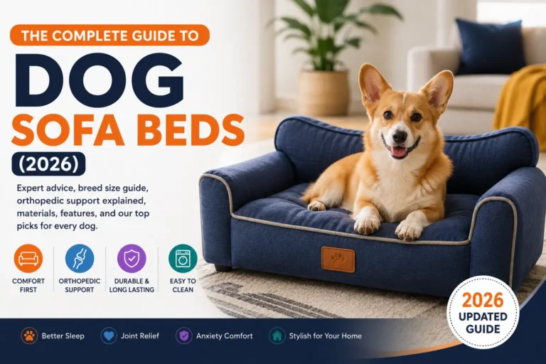 The Complete Guide to Dog Sofa Beds 2026 featuring a dog relaxing on a blue orthopedic sofa bed in a modern living room