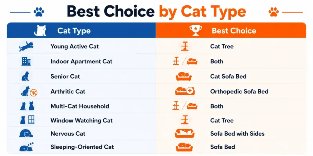 Best choice by cat type infographic comparing cat sofa beds and cat trees for different cat personalities and lifestyles