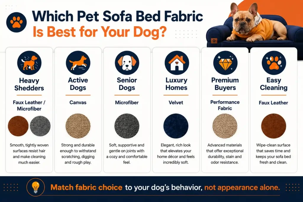 Best pet sofa bed fabrics for shedding dogs chewers senior dogs and indoor companion dogs.