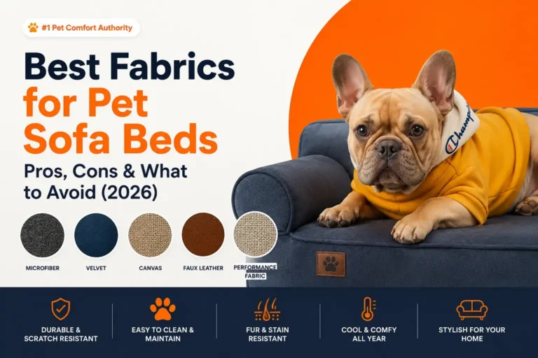 Best Fabrics for Pet Sofa Beds comparison showing microfiber canvas velvet faux leather and performance fabric options.