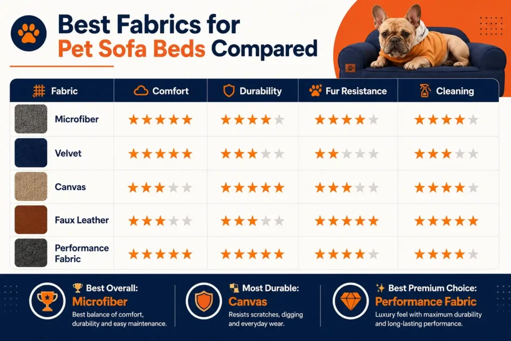Best fabrics for pet sofa beds comparison infographic showing comfort durability and cleaning scores.