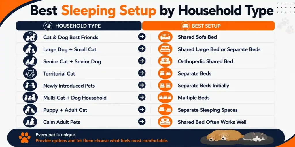 Best sleeping setup by household type infographic comparing shared and separate pet bed arrangements