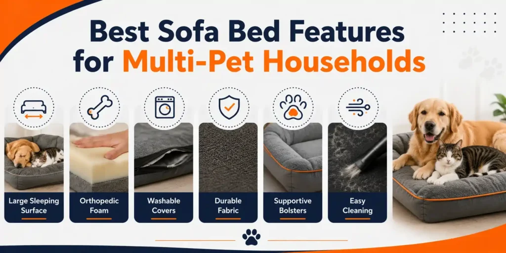 Best sofa bed features for multi pet households infographic showing orthopedic support durability and easy cleaning.