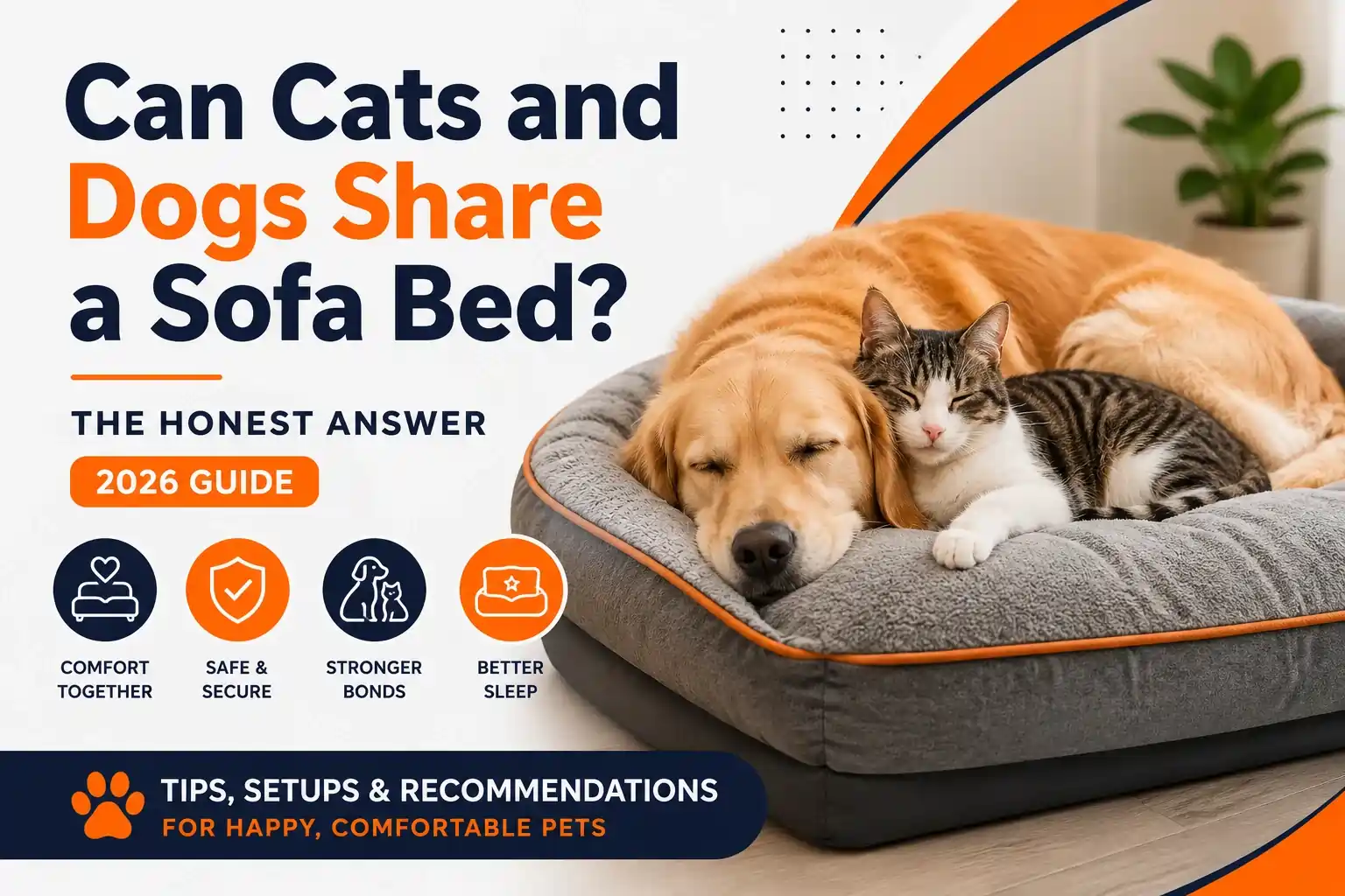 Can Cats and Dogs Share a Sofa Bed featured image showing a cat and dog sleeping together on a comfortable orthopedic sofa bed
