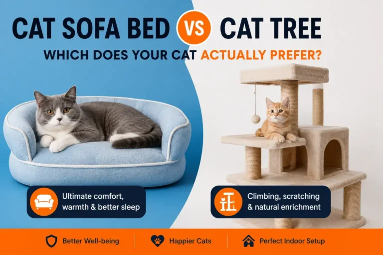 Cat Sofa Bed vs Cat Tree comparison showing a comfortable cat sofa bed and modern cat tree for sleep comfort and enrichment