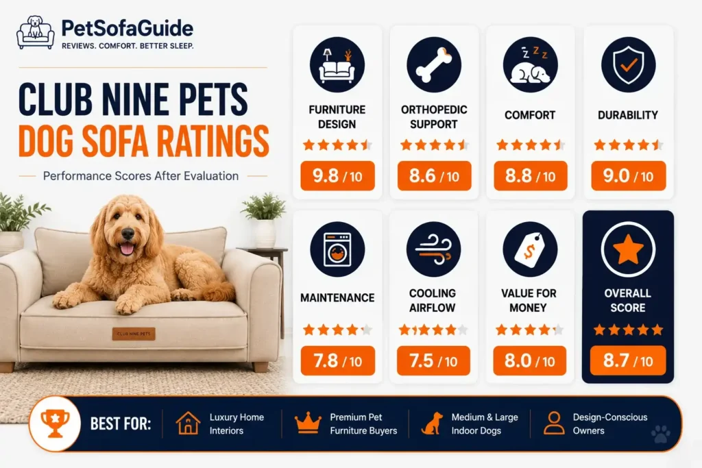 Club Nine Pets Dog Sofa ratings infographic showing comfort support durability and overall performance scores.
