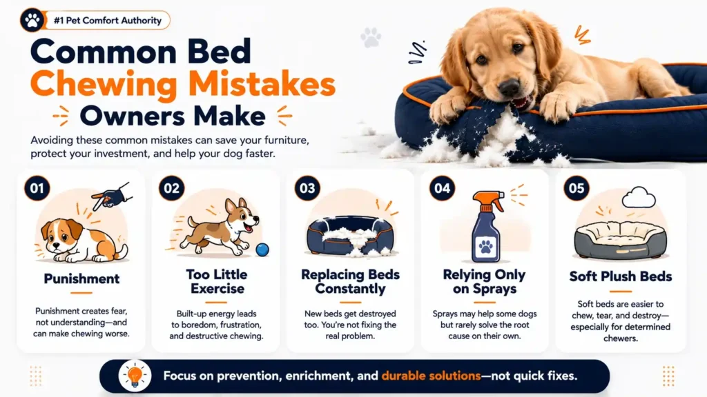 Common bed chewing mistakes owners make infographic including punishment too little exercise replacing beds constantly sprays and plush beds.
