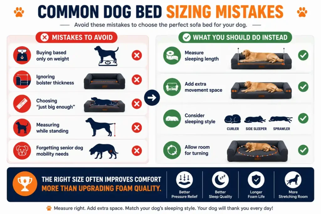 Common dog bed sizing mistakes infographic showing what to avoid and how to choose the correct bed size.