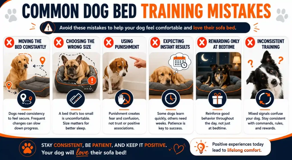 Common dog bed training mistakes infographic showing behaviors that slow sofa bed training success.