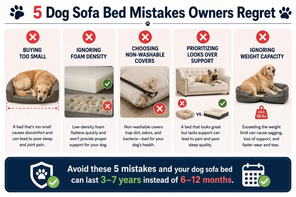 Five common dog sofa bed buying mistakes including wrong sizing, low-density foam, non-washable covers, poor support, and weight capacity issues.