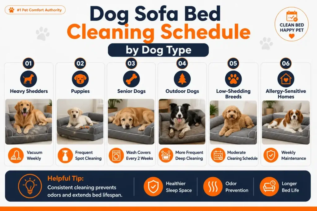 Dog sofa bed cleaning schedule by dog type including heavy shedders puppies senior dogs outdoor dogs and allergy sensitive homes.
