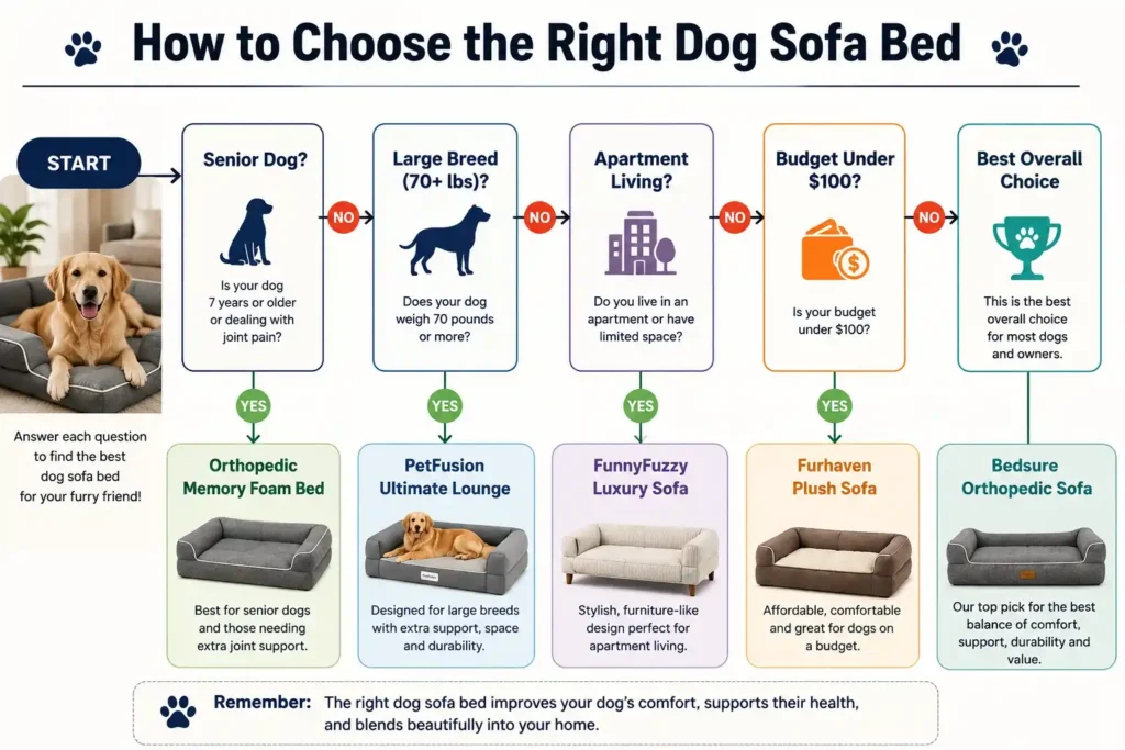 Dog sofa bed decision tree showing how to choose the best bed based on age, breed size, apartment living, and budget.