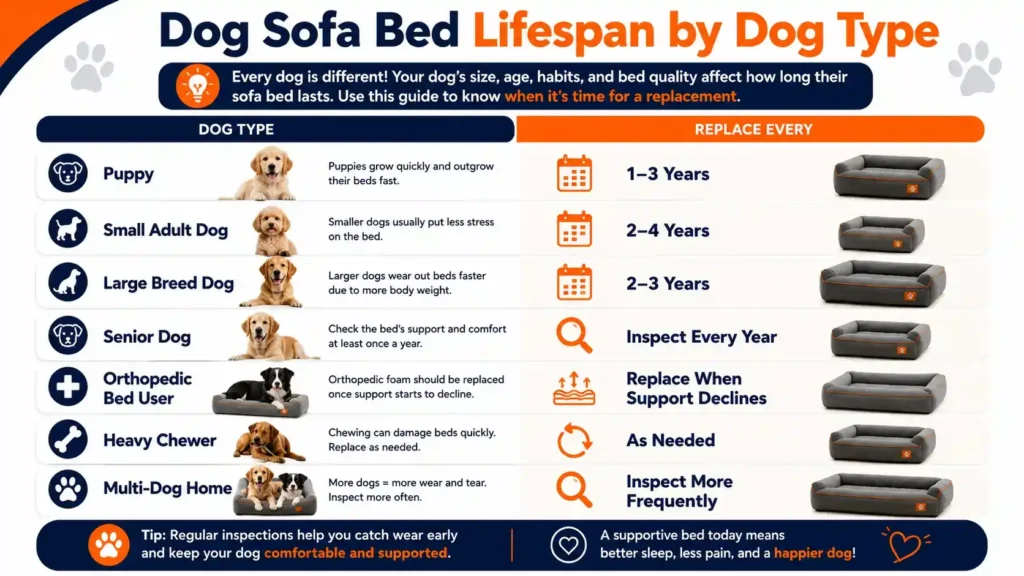 Dog sofa bed lifespan by dog type infographic showing recommended replacement timelines for puppies, adult dogs, senior dogs, and multi-dog homes.