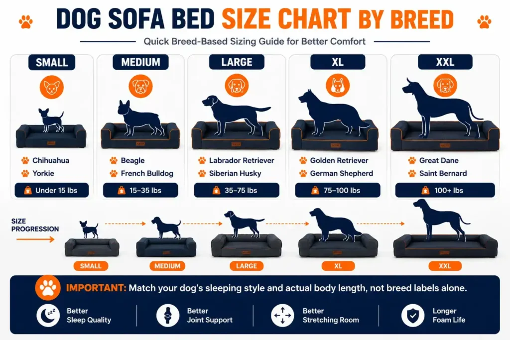 Dog sofa bed size chart by breed infographic showing recommended bed sizes from small to XXL dogs.