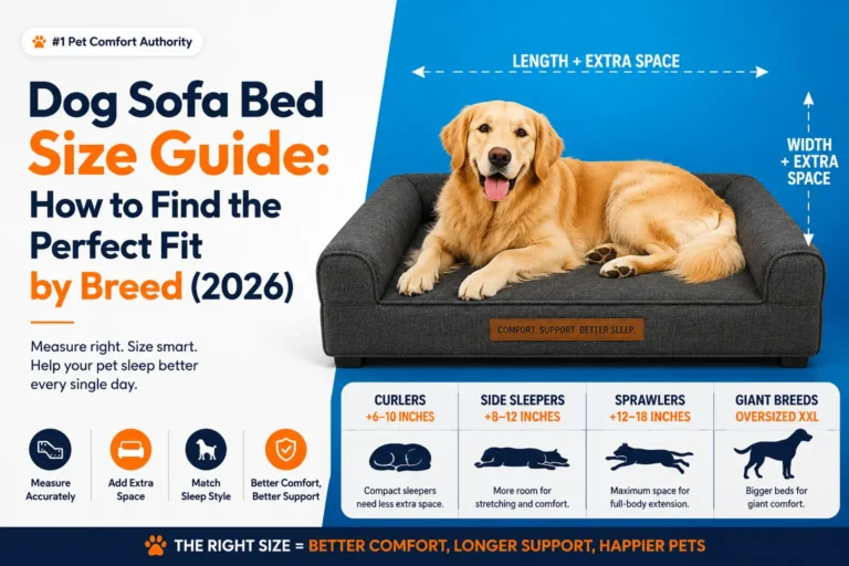 Dog sofa bed size guide showing how to choose the perfect dog bed size based on breed and sleeping style.
