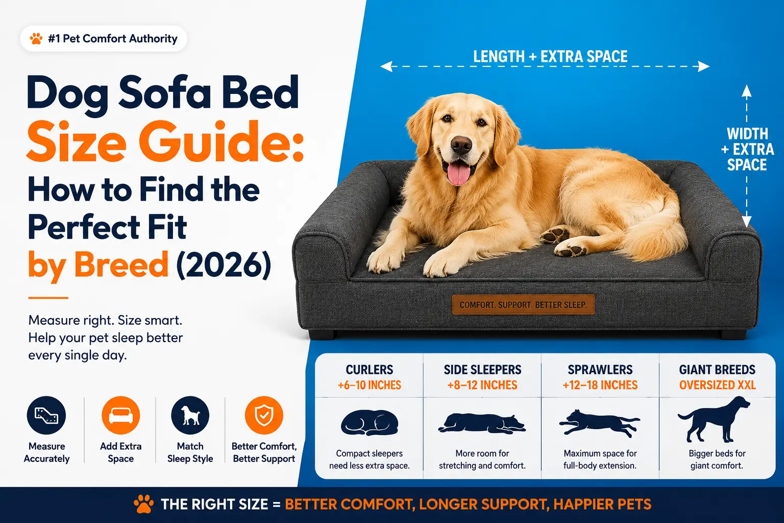 Dog sofa bed size guide showing how to choose the perfect dog bed size based on breed and sleeping style.