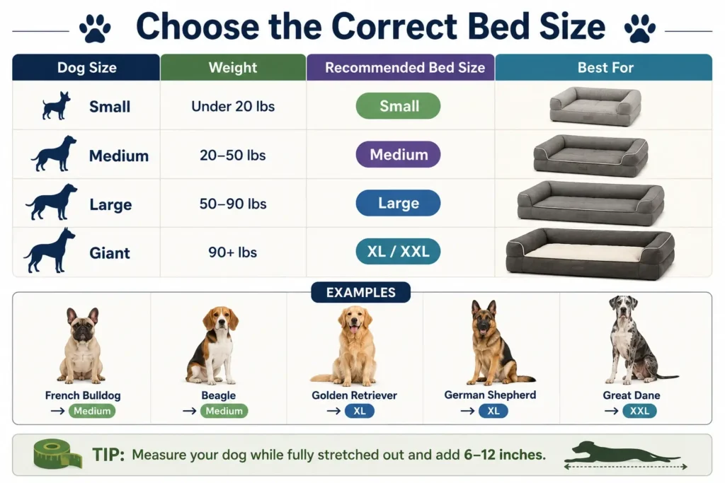 Dog sofa bed size guide showing recommended bed sizes based on dog weight and breed examples.