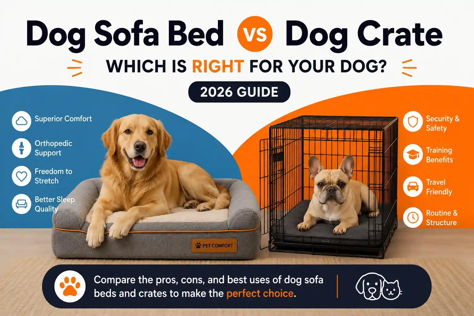 Dog Sofa Bed vs Dog Crate featured image comparing orthopedic comfort support training safety and sleep quality.