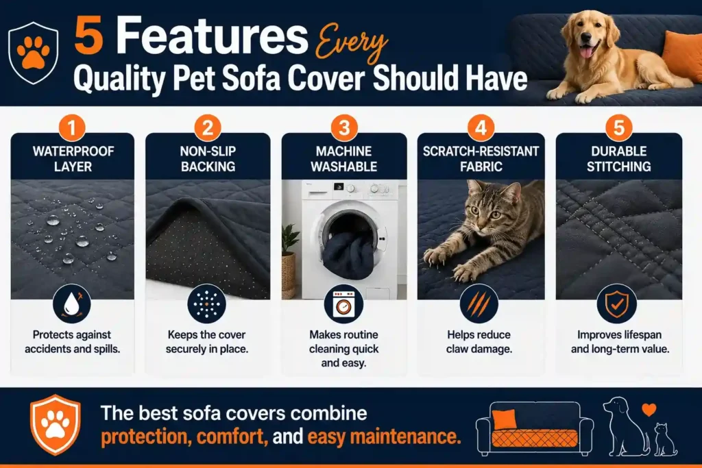 Five must-have features of the best pet sofa covers including waterproof layers, non-slip backing, machine washable fabric, scratch resistance, and durable stitching.