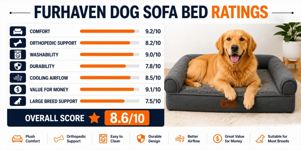 Furhaven Dog Sofa Bed ratings infographic showing comfort support durability and value scores.