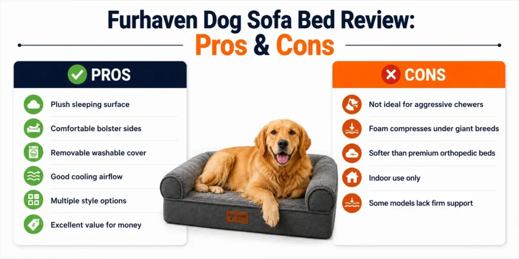 Furhaven Dog Sofa Bed Review pros and cons infographic comparing strengths and weaknesses.