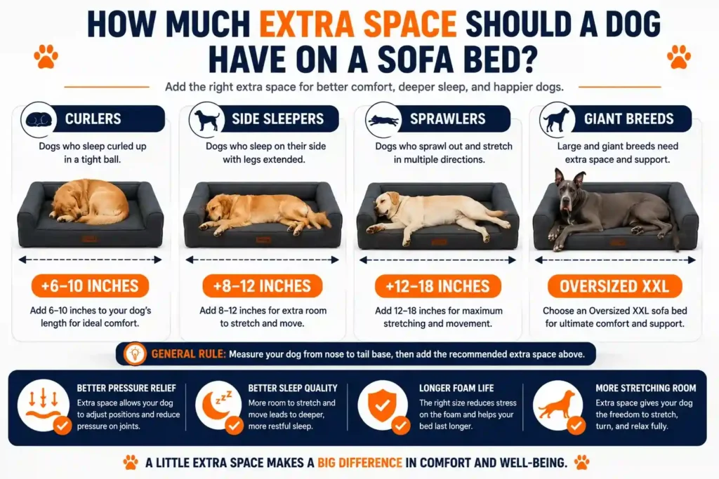 How much extra space should a dog have on a sofa bed infographic showing sizing recommendations for different sleeping styles.