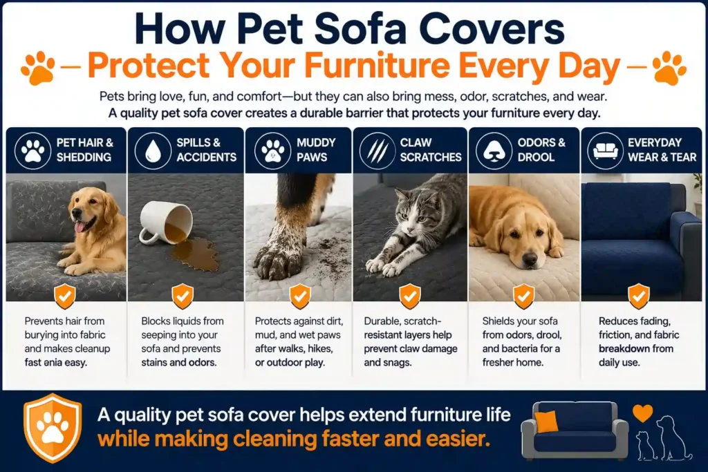 How pet sofa covers protect furniture from pet hair, scratches, muddy paws, spills, odors, and daily wear.