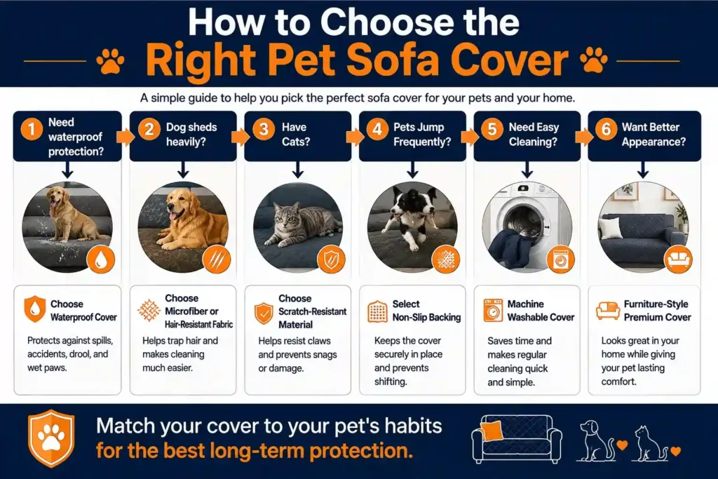 Decision guide for selecting the best pet sofa cover based on waterproofing, shedding, scratching, comfort, and cleaning needs.