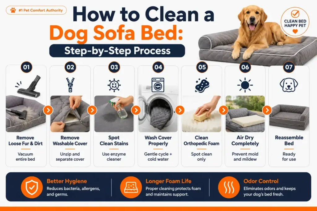 How to clean a dog sofa bed step by step process infographic showing vacuuming washing covers cleaning foam drying and reassembly