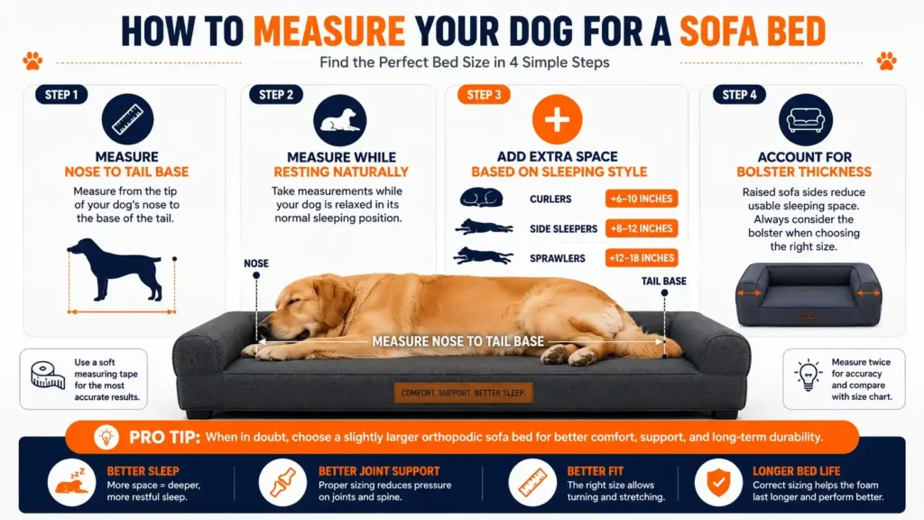 How to measure your dog for a sofa bed infographic showing correct measurement steps and sizing recommendations.