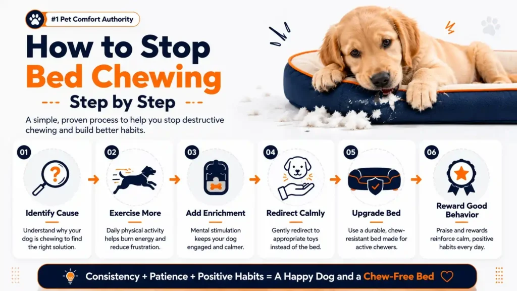 How to stop bed chewing step by step infographic showing identify cause exercise enrichment redirection durable beds and rewards.