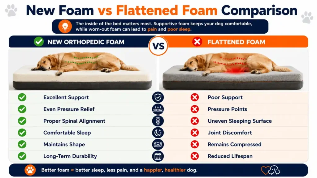New orthopedic foam vs flattened foam comparison infographic showing differences in support, pressure relief, comfort, and durability