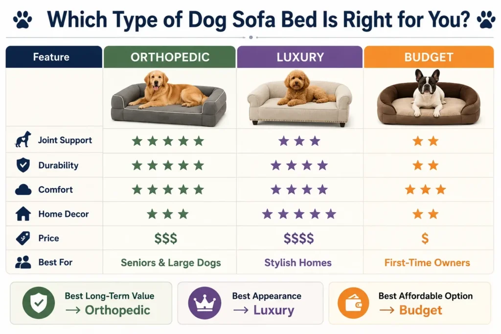Comparison chart showing orthopedic, luxury, and budget dog sofa beds based on support, durability, comfort, appearance, and price.