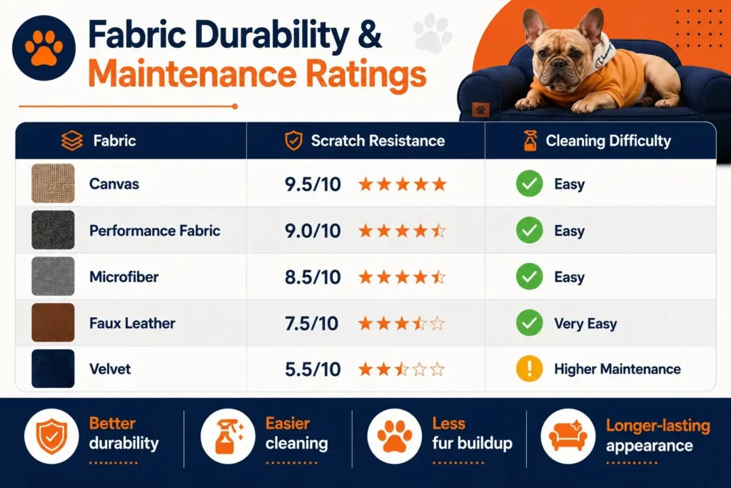 Pet sofa bed fabric ratings infographic comparing durability cleaning comfort and fur resistance.