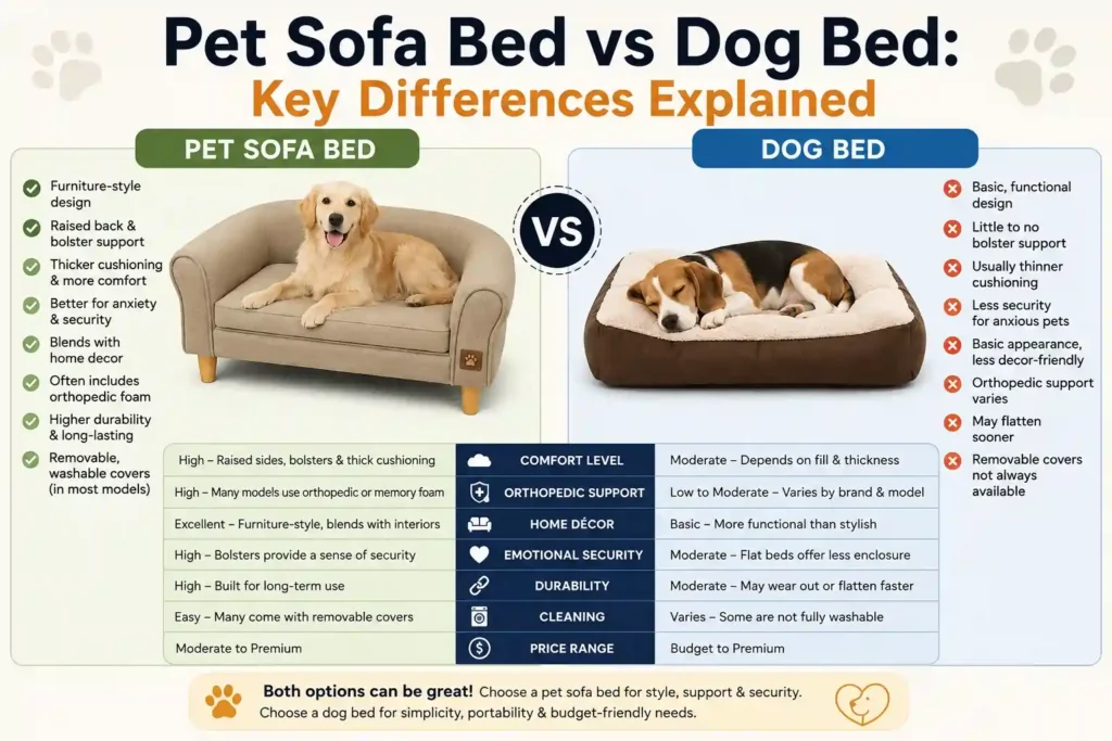 pet sofa bed vs dog bed comparison showing comfort support durability and style differences