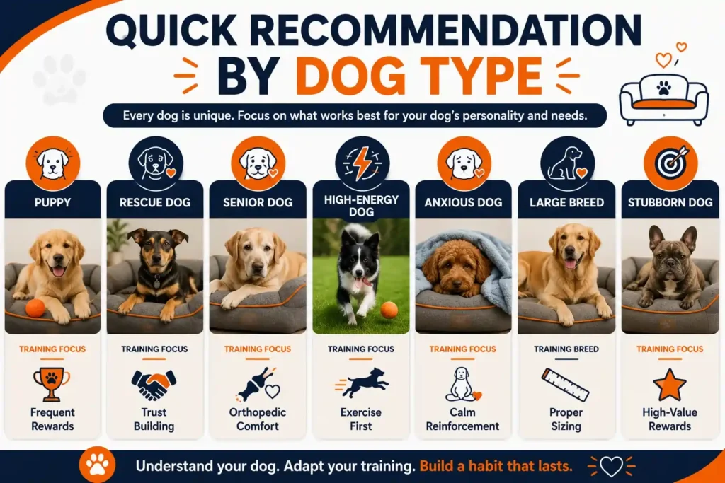 Quick recommendation by dog type infographic showing the best sofa bed training approach for different dogs.