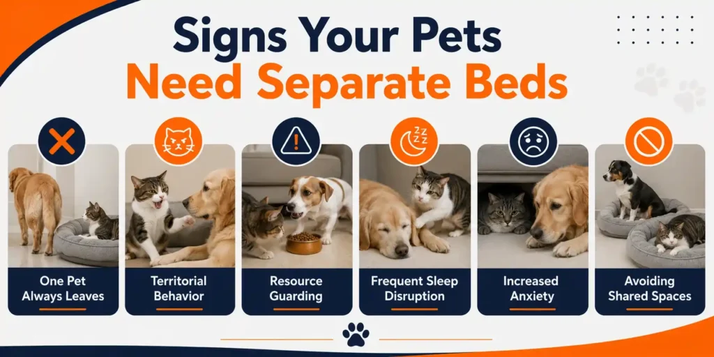 Signs cats and dogs need separate beds infographic showing territorial and stress-related behaviors.