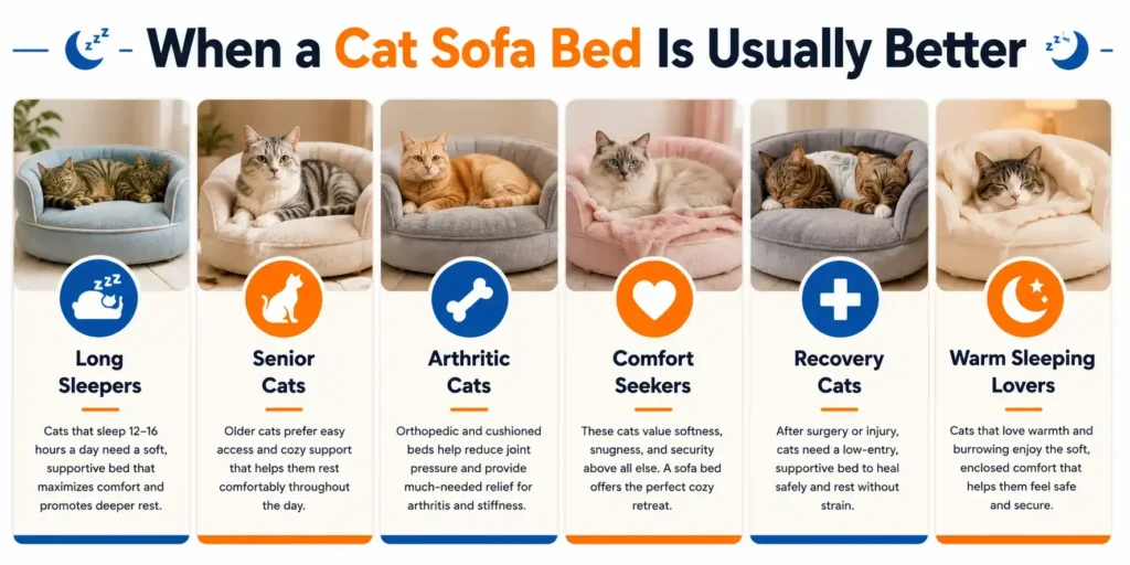 When a cat sofa bed is usually better infographic featuring senior cats arthritic cats recovery cats and comfort seekers
