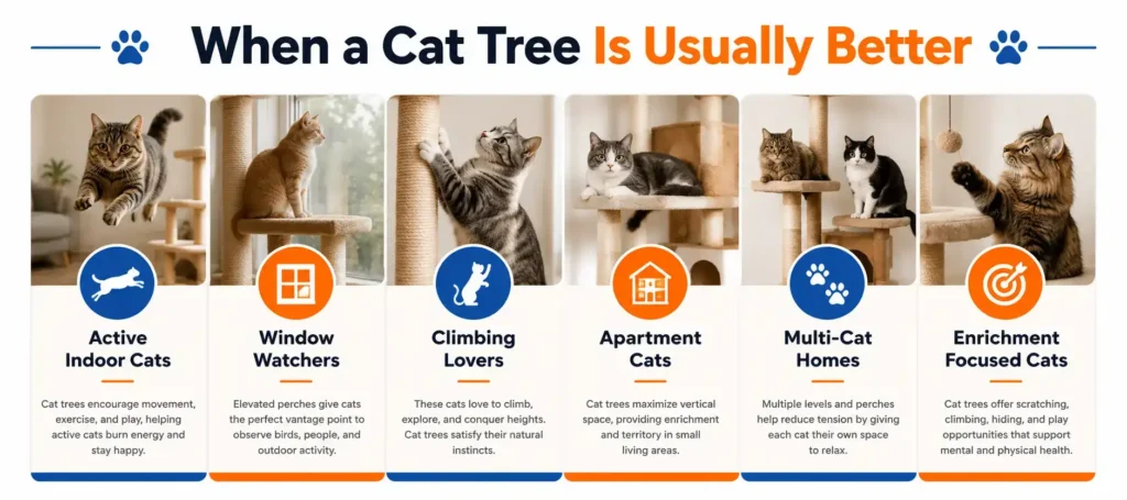 When a cat tree is usually better infographic for active indoor cats climbing lovers apartment cats and multi cat homes