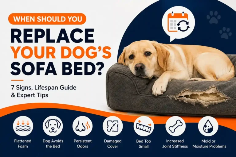 When Should You Replace Your Dog's Sofa Bed featuring a Labrador lying on a worn dog sofa bed showing common signs of replacement