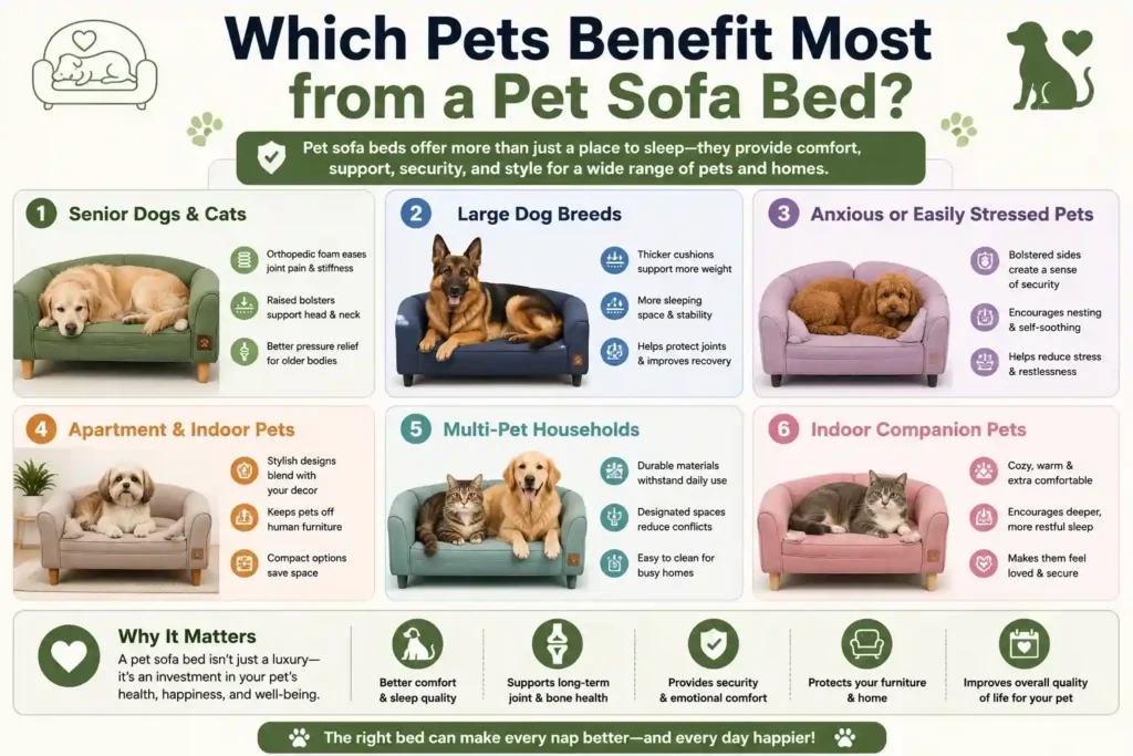 pets that benefit most from pet sofa beds including senior dogs anxious pets and large breeds