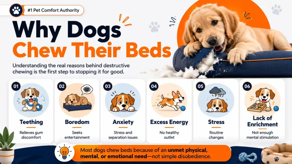 Why dogs chew their beds infographic showing teething boredom anxiety excess energy stress and lack of enrichment.