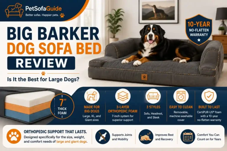 Big Barker dog sofa bed review showing orthopedic foam, large-dog support, and sofa-style design.