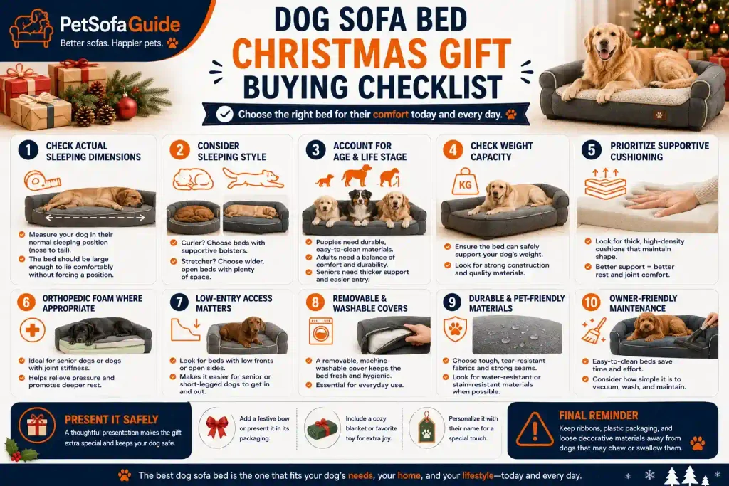 Dog sofa bed Christmas gift buying checklist for choosing a comfortable and practical present.