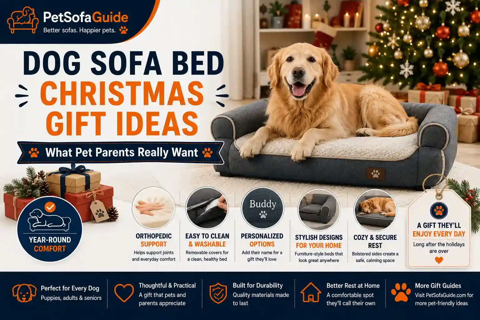 Dog sofa bed Christmas gift ideas featuring cozy, orthopedic, personalized, and stylish designs.