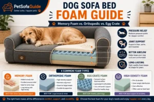 Dog sofa bed foam guide comparing memory foam, orthopedic foam, egg crate foam, and high-density support foam.