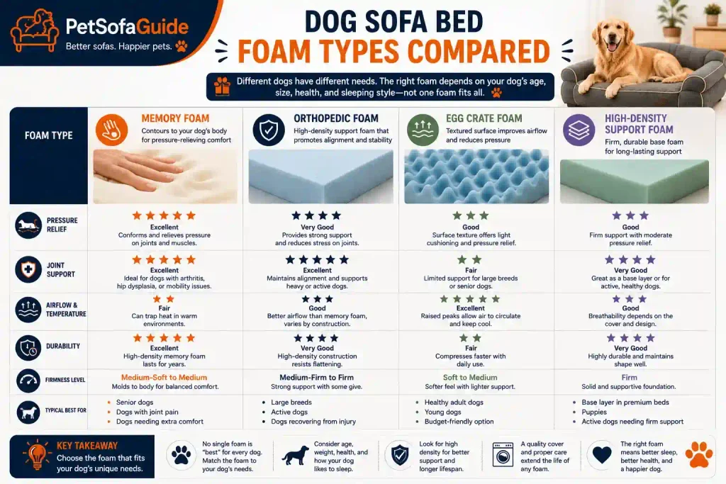 Comparison of memory foam, orthopedic foam, egg crate foam, and high-density support foam for dog sofa beds.