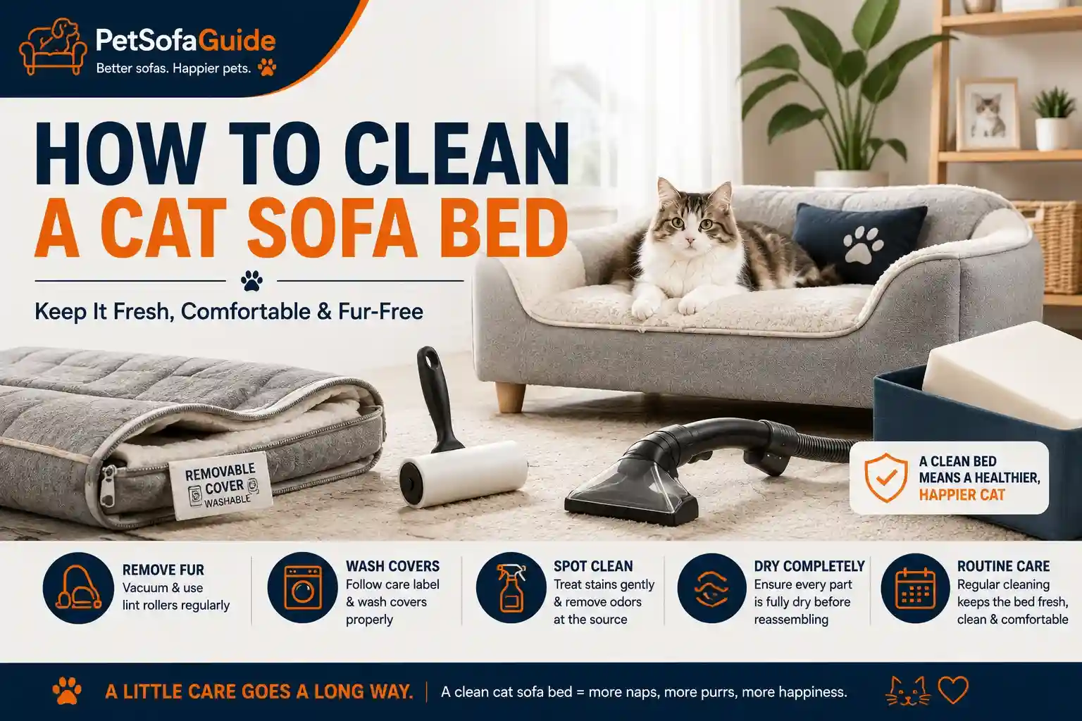 How to clean a cat sofa bed by removing fur, washing covers, and cleaning upholstery