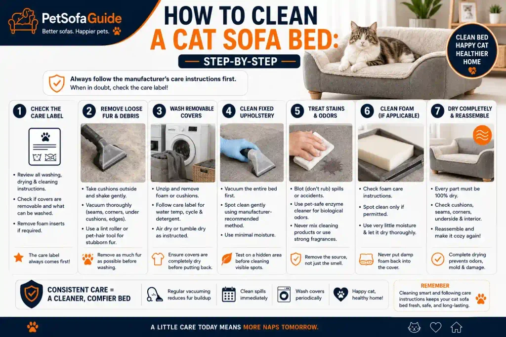 Step-by-step guide showing how to clean a cat sofa bed